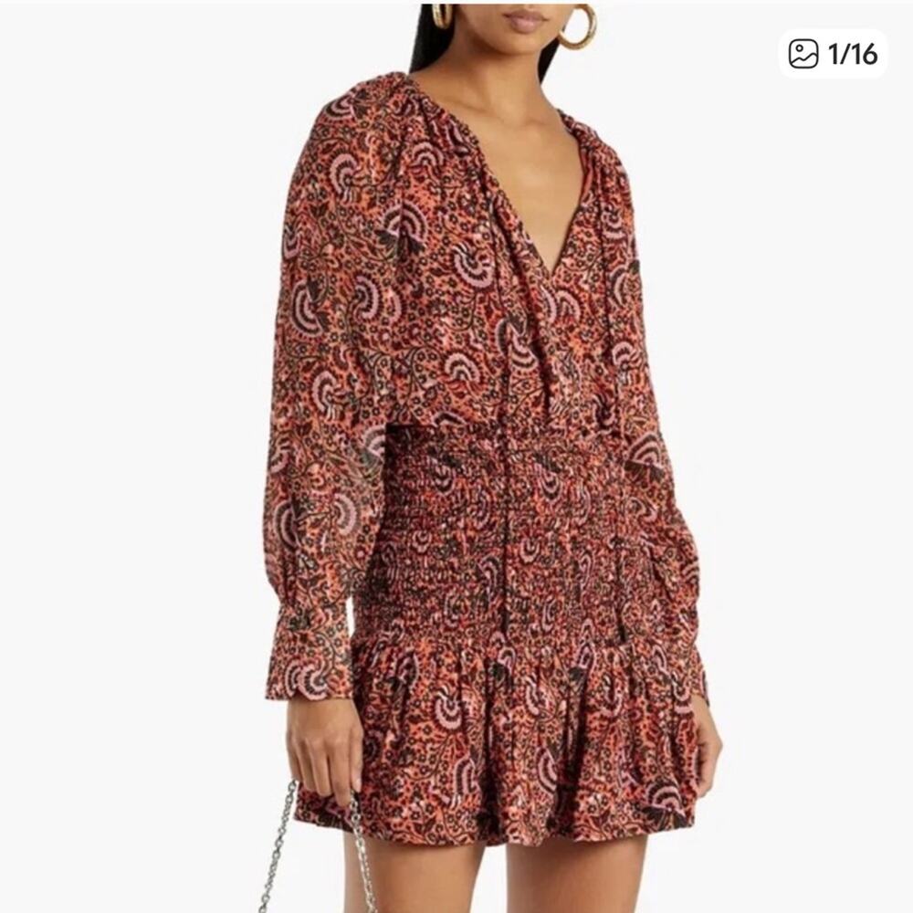 A.L.C. Silk Boho Printed Long Sleeve Bryce Blouse & Smocked Kade Silk Skirt Set